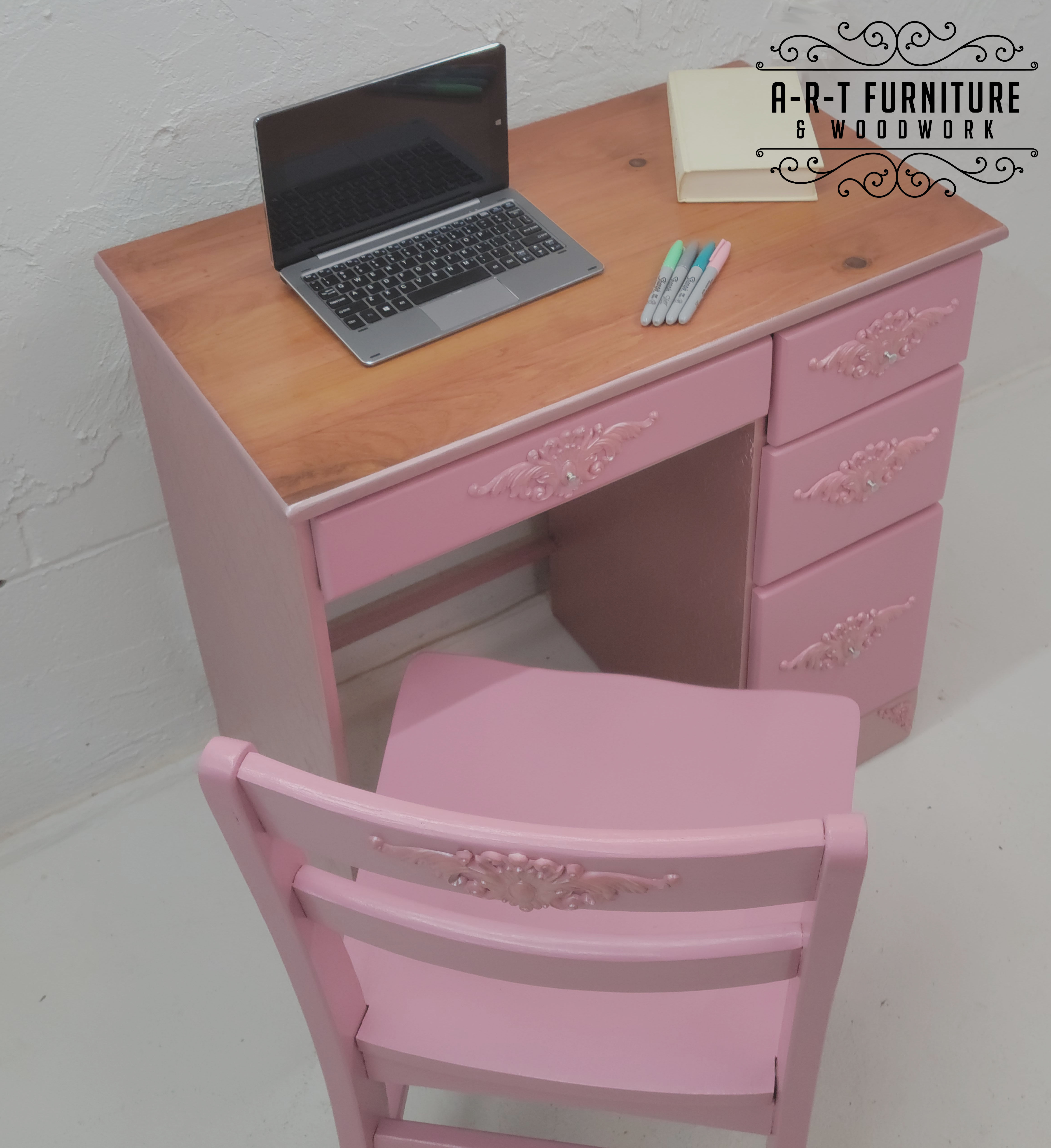 pink desk top down view